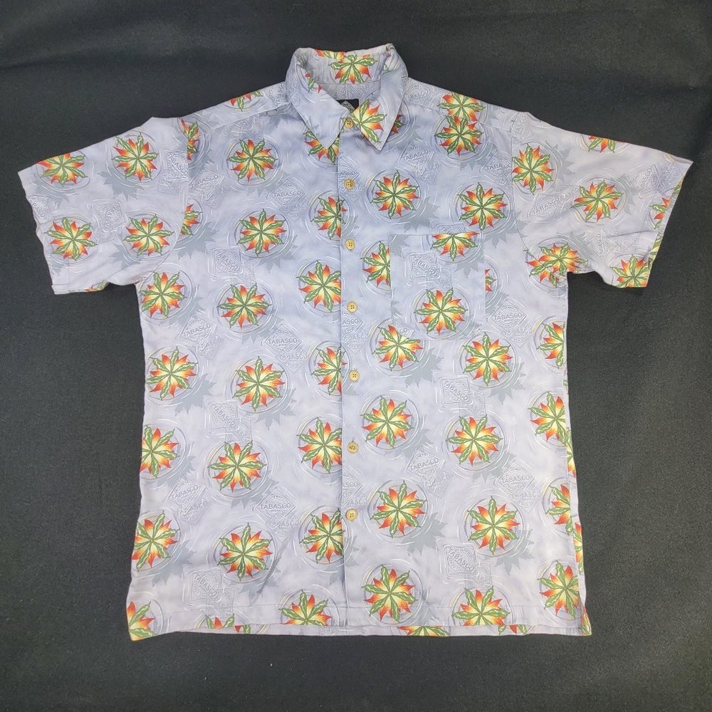 Tabasco Hot Sauce Vintage Men's Medium Camp Hawaiian Shirt Purple Floral